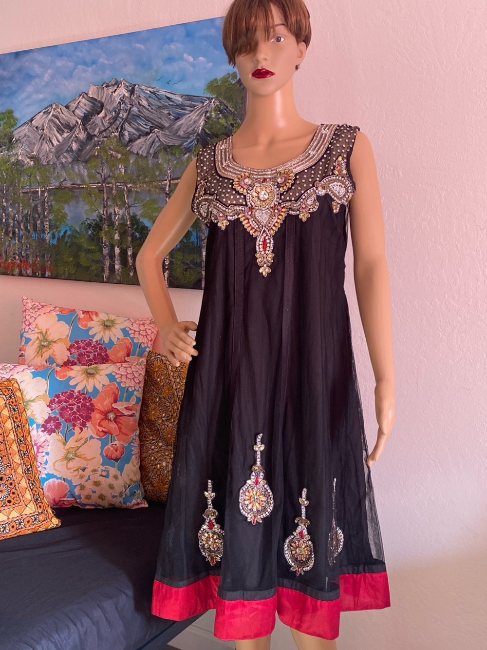 Embellished Black Midi Dress with Red Hem
